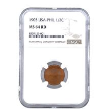 1903 1/2C Half Centavo U.S. Philippines NGC MS64RD Red - $216.68