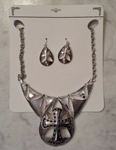 My Style Metallic Silver &amp; Black Beaded Tribal Cross Necklace &amp; Earrings Set - £7.97 GBP
