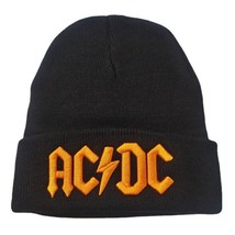 AC/DC Knit Ski Hat Beanie Black and Orange Heavy Metal 80&#39;s Rock Lovers Gift - £4.54 GBP