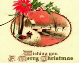 Wishing You Merry Christmas Cabin Pointsettia Bridge Embossed 1910s Vtg ... - $3.91
