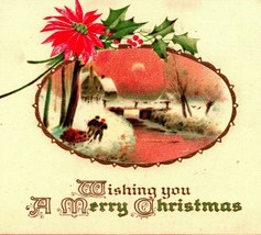 Wishing You Merry Christmas Cabin Pointsettia Bridge Embossed 1910s Vtg Postcard - £3.07 GBP