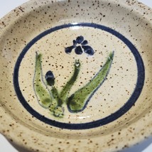 Signed Art Studio Speckled Pottery Bowl Blue Flower Green Leaves Country... - $23.75