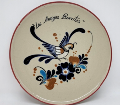 TWO Dinner Plates Mexican Pottery Stoneware LOS AMIGOS BURRITOS Bird &amp; F... - £30.67 GBP