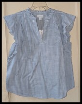 Liz Claiborne Blue White Stripe Split Crew Neck Flutter Sleeveless Blouse  M/L - $15.95