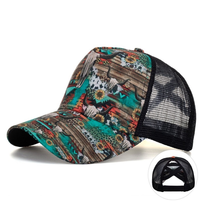 Back Open Cross Ponytail Net Women's Hat Printed Truck Driver Cap Sports Basebal