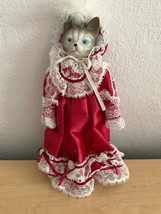 Vintage 9&quot; Porcelain Tabby Cat Doll in Victorian Dress - £10.36 GBP