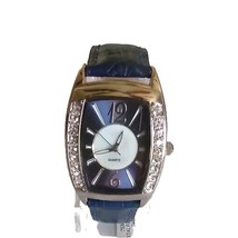 Blue Silver Tone Crystal Bezel  Genuine Leather Band Watch New Battery - $222.24 MXN
