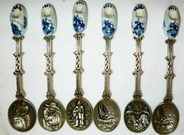 UNIQUE VINTAGE ELESVA HOLLAND EMBOSSED &amp; DELFT PORCELAIN CLOG SET/6 SPOONS - £80.23 GBP