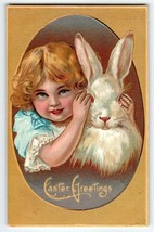 Easter Greetings Postcard Girl With White Bunny Rabbit 1909 Embossed Vintage - £9.28 GBP