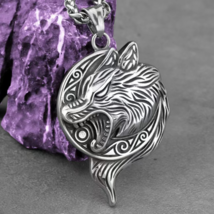 Men Silver Norse Viking Fenrir Wolf Head Pendant Necklace Punk Jewelry Chain 24&quot; - £7.90 GBP