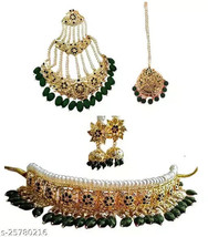 Indian Joharibazar Gold Plated Kundan Long Bridal Earring Hedrabadi Jewelry Setl - £31.85 GBP