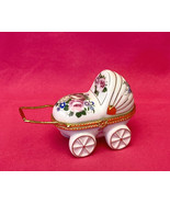 Vintage porcelain trinket box baby buggy carriage hinged lid flowers roses - $8.00
