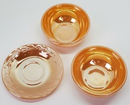 Vtg Fire King Orange Peach Luster Bowls &amp; Saucer Plate Lot of 3 Opalescent Retro - £15.45 GBP