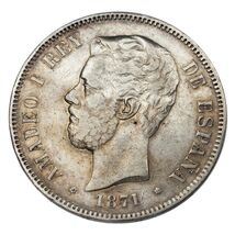 1871 (74) DR-M Spain 5 Pesetas Silver Coin in XF, KM# 666 - $204.88 CAD