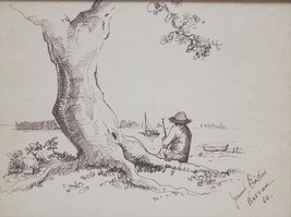 Framed Drawing Mid Century Nassau Bahamas Fishing On Beach Signed - $296.99