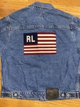 VTG Ralph Lauren Trucker Button Jean Jacket American Flag Patch  Womens Medium - £118.70 GBP