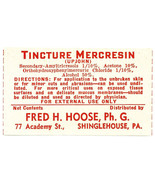 1 Antique Pharmacy Label TINCTURE MERCRESIN Fred Hoose, Ph. G. Shingleho... - $19.68