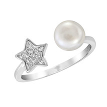 Lunar Elegance Moon Pearl &amp; Cubic Zirconia Star Sterling Silver Adjustable Ring - £13.84 GBP