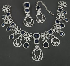 Bollywood Style Silver Plated Indian CZ Necklace Earrings Tikka Blue Jewelry Set - £76.16 GBP