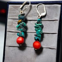 Artisan Raw Turquoise Chips Coral Beads 925 Sterling Silver Leverback Dangle - £10.06 GBP
