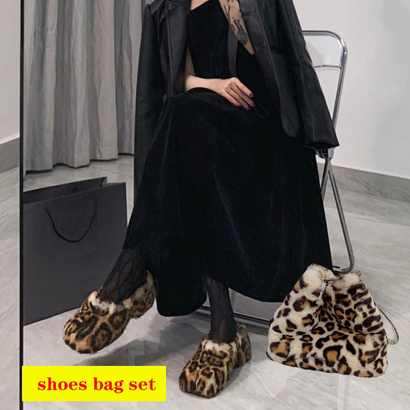 Altform gothic mules furry fur witer slippers ins hot fashion leopard fur shoes and bag thumb200