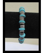 Turguoise Blue &amp; Silver Beaded Stretch Bracelet B016 - $282.06 MXN