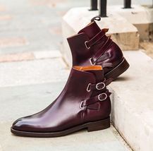High Ankle Boot Burgundy Color Double Buckle Closer Men Leather Shoe - £125.75 GBP