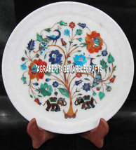 9&#39;&#39; White Marble Dish Plate Peacock Arts Inlay Multi Floral Mosaic Table Decor  - £281.00 GBP