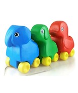 1970s plastic pull toys set of 3 blue elephant green dog red duck vtg an... - $37.92 CAD