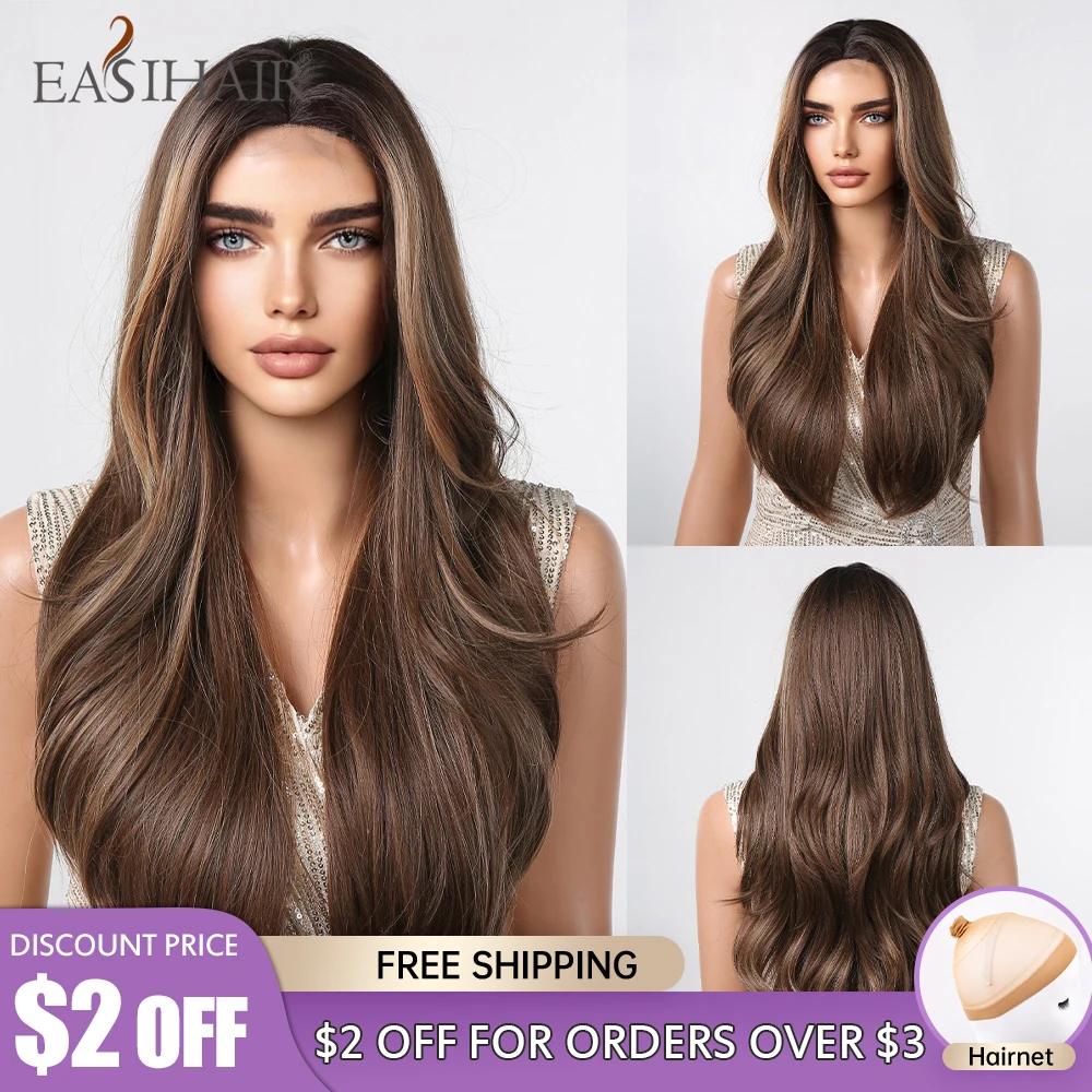 EASIHAIR Long Wavy Synthetic Lace Wigs Chestnut Brown Highlight Blonde Natural - £32.49 GBP