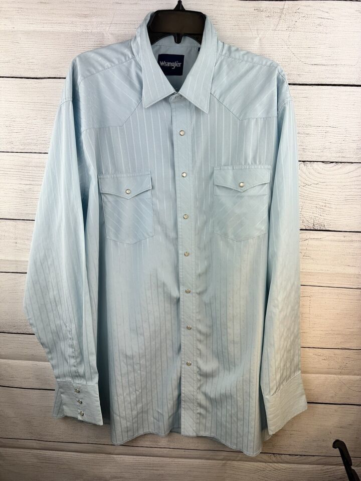 Wrangler Light Blue Polyester/Cotton Pearl Snap Western Shirt 2XLT - £12.69 GBP