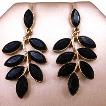 Vintage Pierced Earrings Women Black Rhinestones Leaf Shaped Dangle Gold Tone - £7.74 GBP