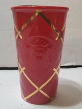 Starbucks 2016 Holiday Red Gold Striped Ceramic Coffee Travel Mug Cup 10oz Lid - £22.15 GBP