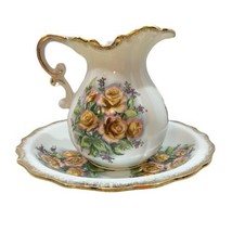 Tilso of Japan Hand-Painted Rose Design Water Pitcher &amp; Bowl Saucer Gold Trim - £18.24 GBP