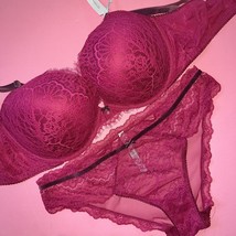 Victoria&#39;s Secret 38DDD Bra Set Xl Panty Claret Red Pink Burgundy Kir Velour - £63.30 GBP