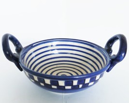 Vintage blue &amp; white stoneware small bowl check pattern with large handles - £15.97 GBP
