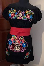 Campesino Black Sleeves Womens Dress OSFA Multi Color Flower Embroidery New - $42.08