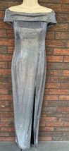Off Shoulder Column Dress Size 0 Metallic Sparkle Ice Blue Silver Zip High Slit - £34.17 GBP