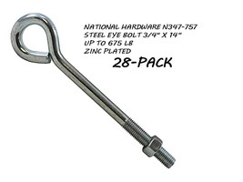 NATIONAL HARDWARE N347-757 STEEL EYE BOLT, 3/4&quot; X 14&quot;, ZINC PLATED 28-PACK - £199.40 GBP