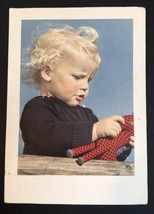 Vtg Portrait Style Real Photo Blonde Haired Child Playing with Toy 1953 German - £6.73 GBP