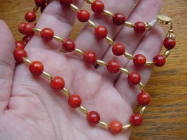v42-5) rust Red coral Beads gem with rice brass beaded 21&quot; long Necklace JEWELRY - £26.14 GBP
