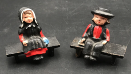 2 Vintage Cast Iron Amish Pennsylvania Dutch Boy &amp; Girl on Benches 2.25&quot; Tall - $12.19