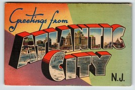 Greetings From Atlantic City New Jersey Large Big Letter Linen Postcard Unposted - £6.97 GBP