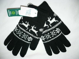 Time And Tru Women&#39;s Deer Fair Isle Touch Gloves Black &amp; White Thick &amp; W... - £7.51 GBP