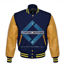 Top College Baseball Varsity Navy Wool Jacket &amp; Gold Real Leather Sleeve... - £70.08 GBP