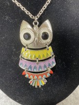 Vintage Owl Pendant Necklace Multi-Color Hinged  Enameled - £7.82 GBP