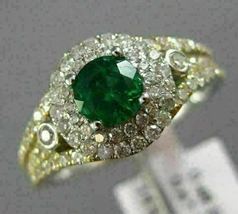 Round Brilliant 2.40 Ct Emerald &amp; Diamond 14K Yellow Gold Finish Engagement Ring - £84.58 GBP
