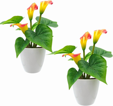 Calla Lily Artificial Flowers with Plastic White Pot 2Pcs, Small Fake Plant, Fau - £23.13 GBP