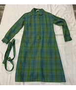 Vintage Donald Davies of Dublin Green Blue Plaid  Wool Shirt Dress w/ Be... - £32.58 GBP