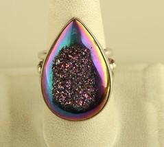 Vtg Sterling Silver 925 Signed Sajen Natural Agate Druzy Titanium Cocktail Ring - £71.22 GBP